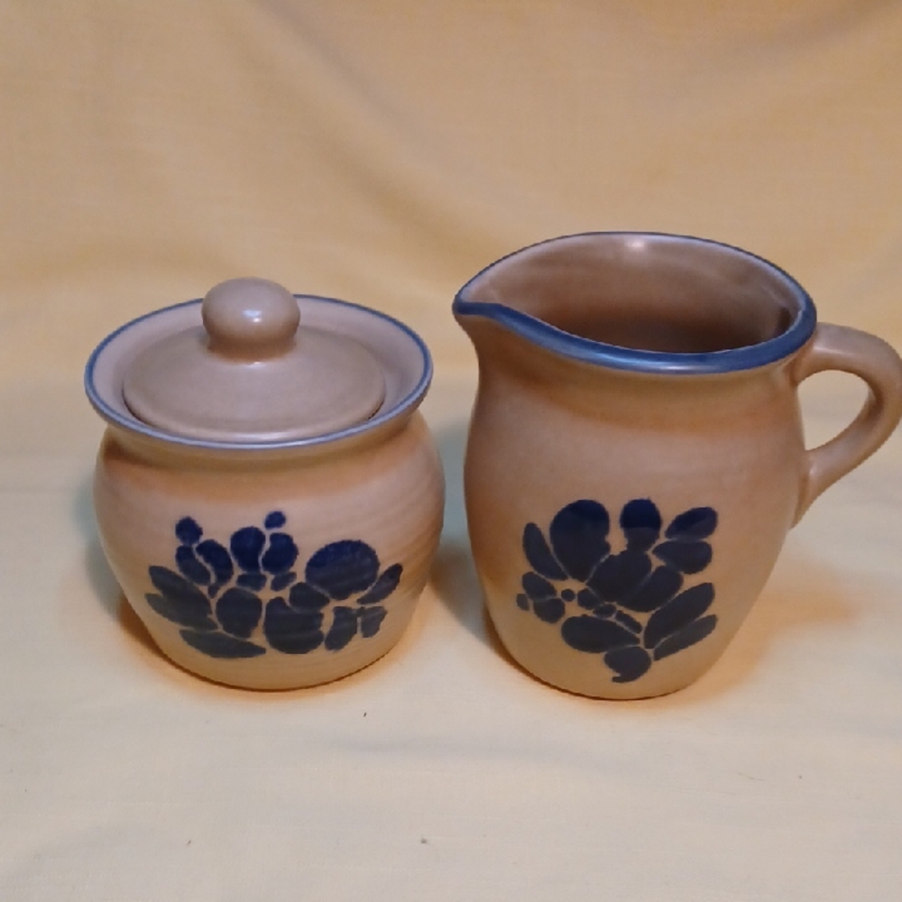 Pfaltzgraff Beige Stoneware Creamer and Sugar with Blue Floral Motif
